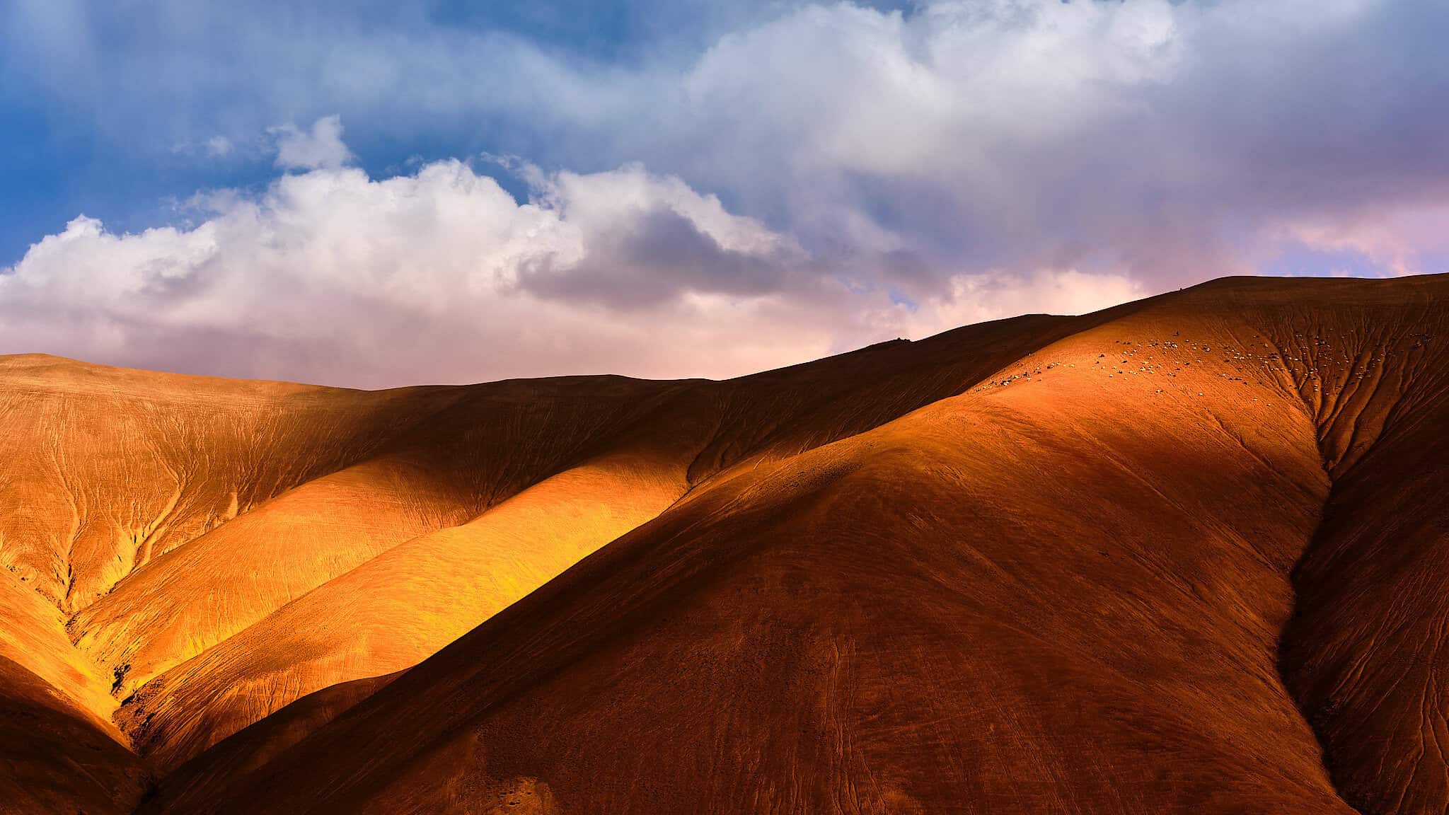 A landscape of deep contrast—where light and shadow carve the mountains into bold forms.